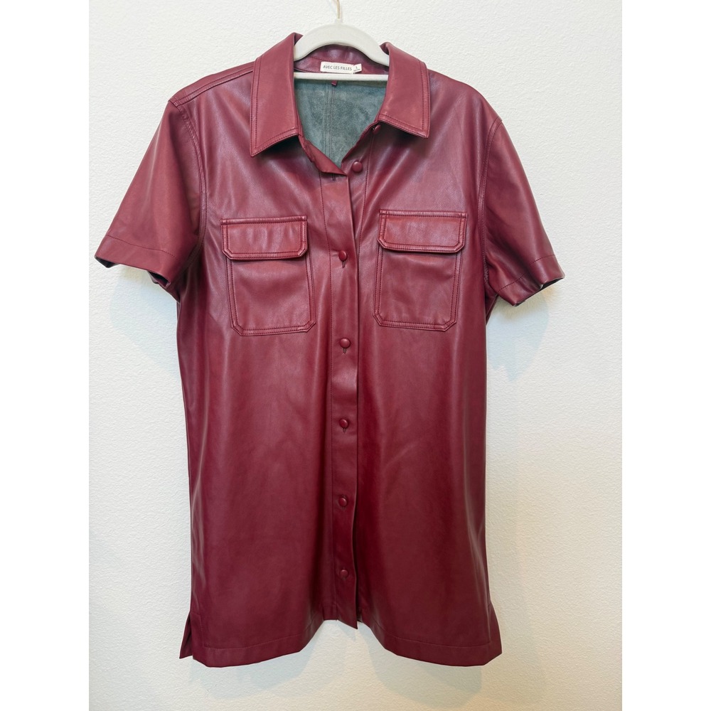 Avec Les Filles Burgundy Faux Leather Short Sleeve Button Down Shift Dress Large